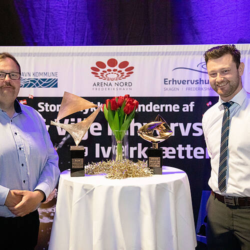 Kim Thygesen, M.A.R.S. og Brian Fabricius, Hotel Viking, modtog hhv. Iværksætterprisen og Erhvervsprisen.